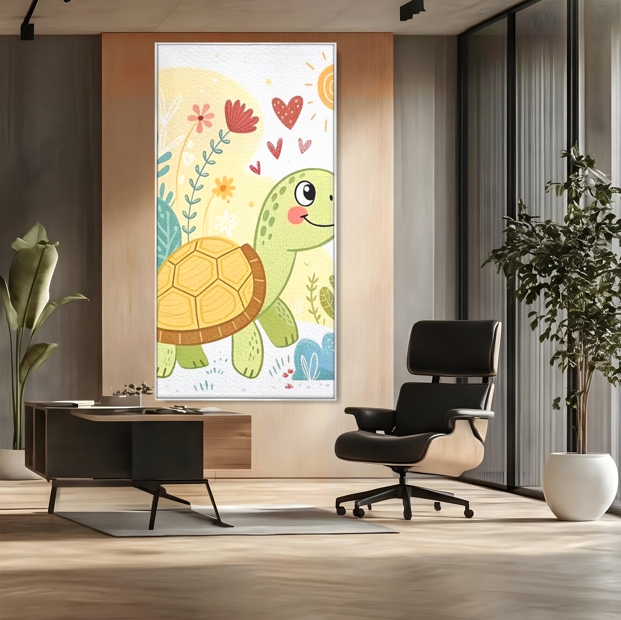Tablou canvas cu ilustratie cu testoasa vesela printre flori, in rama de aluminiu argintiu, pe perete intr-un birou